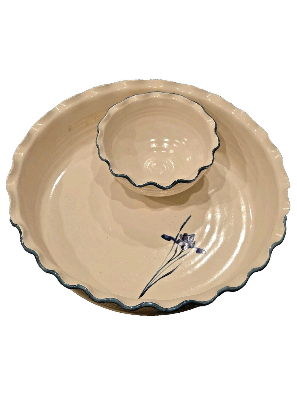 Artisan Studio Pottery Chip & Dip Set Blue Iris Scalloped Edge Ceramic Exce Cond